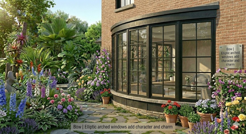 Bow window with gentle curved design on building facade