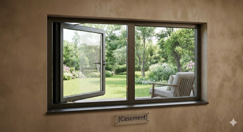 Casement window hinged on the side, opening outward